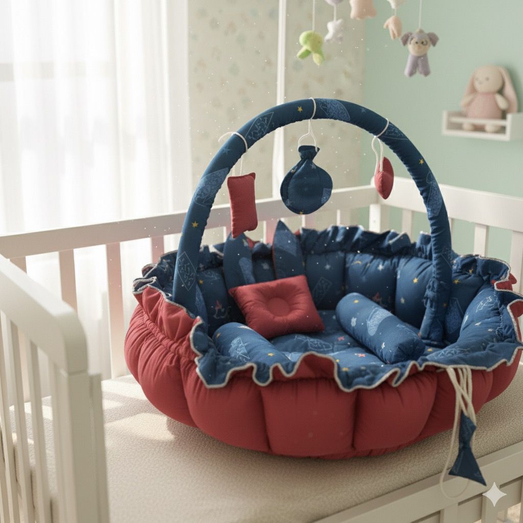 Printed Cotton Baby Round Cot with Pillows-Snowy Express