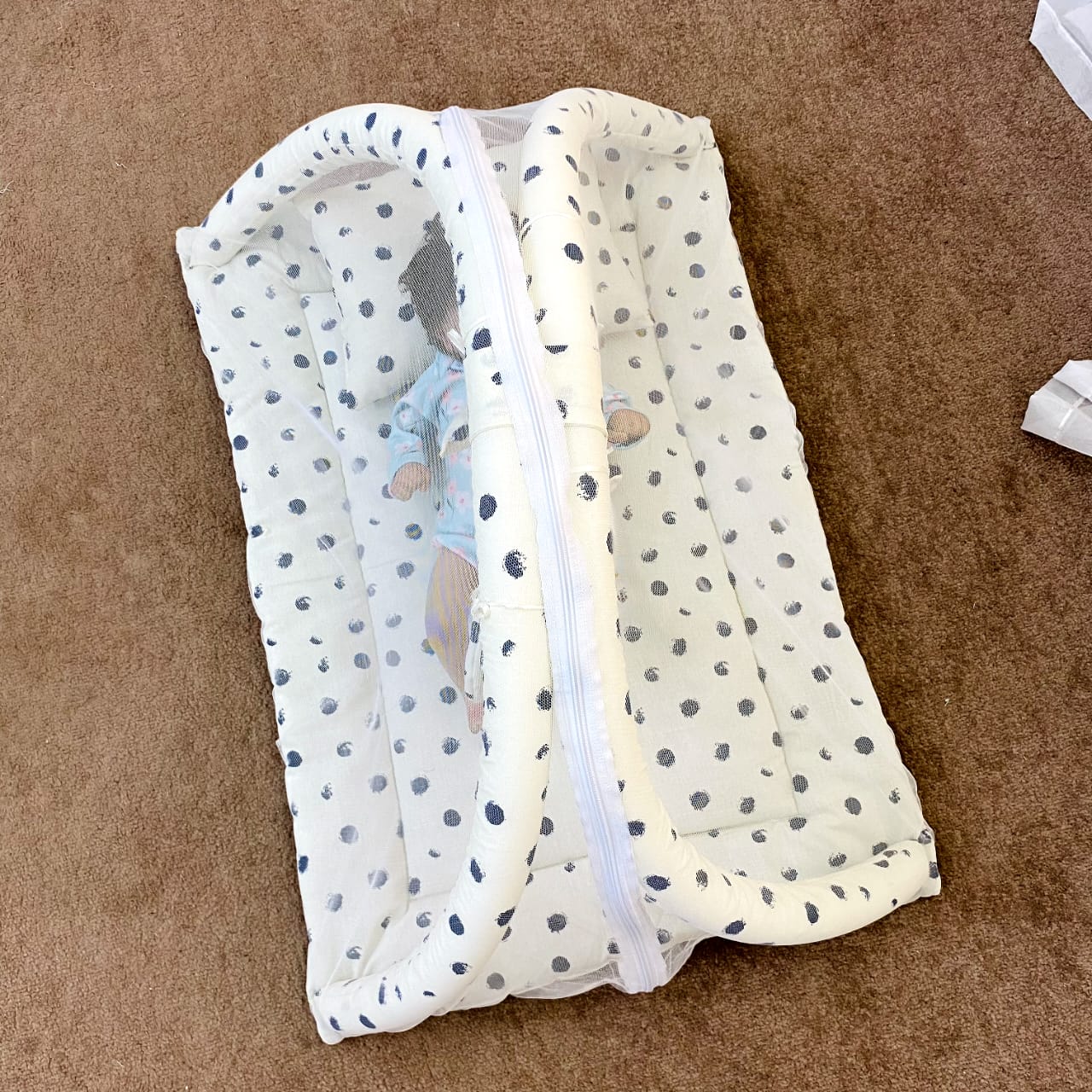 Baby Snuggle Mosquito Net with Pillow & Toy Hangings- White Dotted