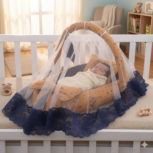 Printed Baby Snuggle Set With Pillow & Net- Yellow Tiger