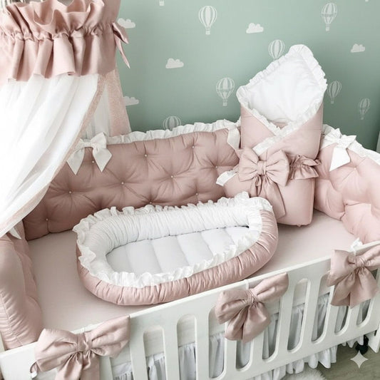 Cotton Satin Baby Nest with Foldable Baby Sleeping Bag- White & Sea Pink