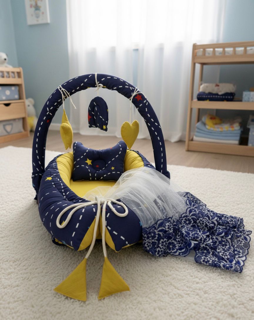 Printed Baby Snuggle Set With Pillow & Net-Yellow Stars