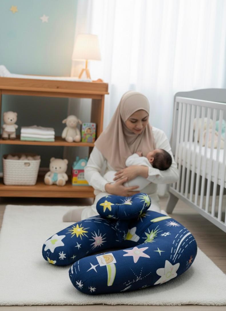 Printed Cotton Baby Nursing Pillow with Removable Cover & Head Pillow- Shiny Stars