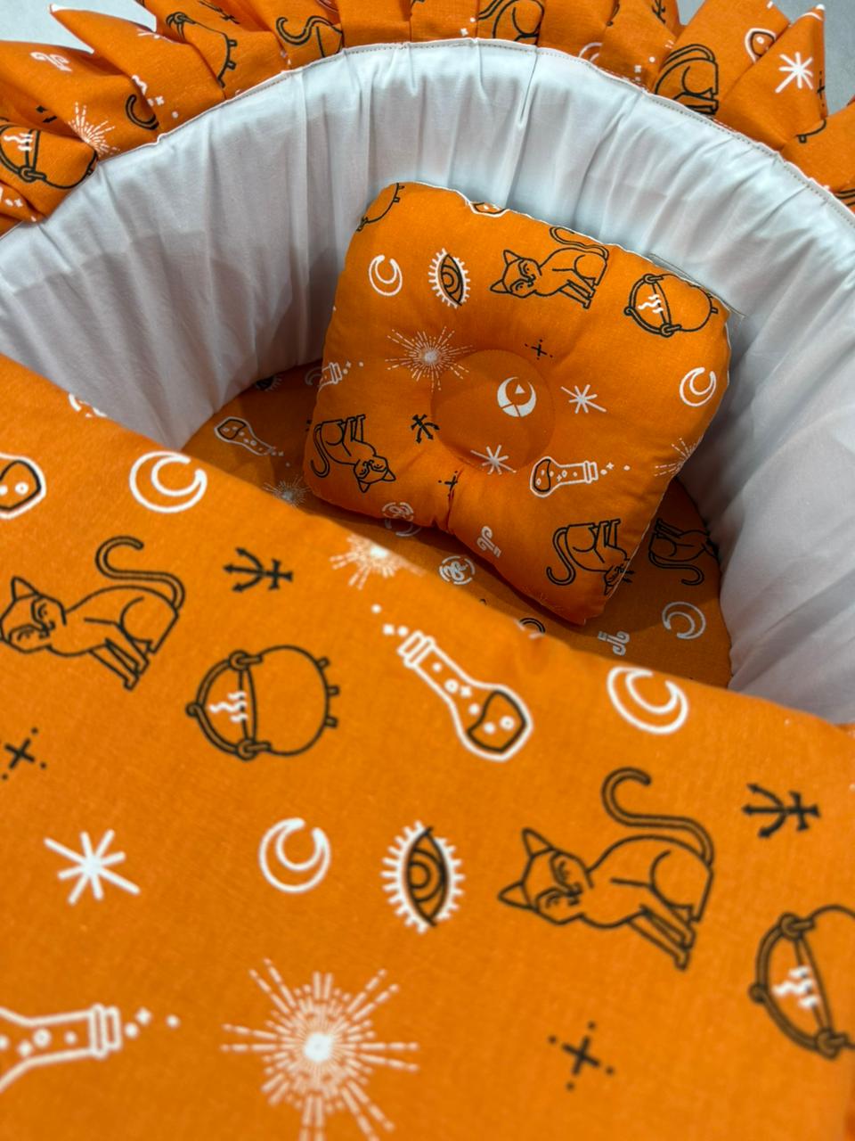 Printed Cotton Baby  Basket with Head Pillow- Orange Magic