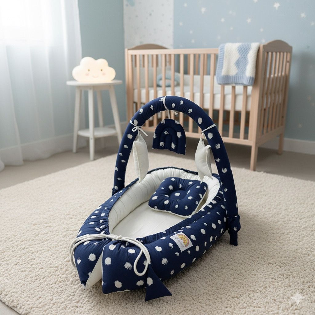 Printed Cotton Baby Snuggle Bed with Hanging Rod & Head Pillow- Navy Blue