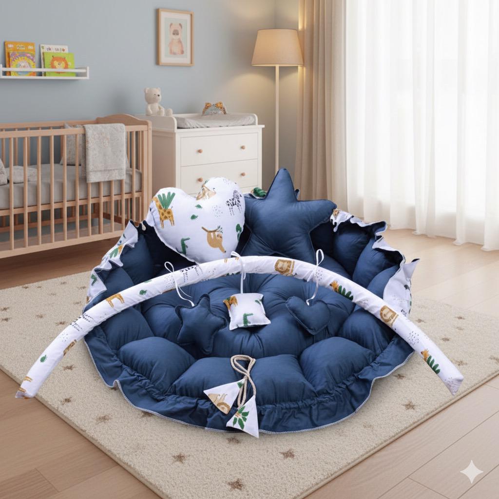 Printed Baby Round Cot with Pillows- Teal Forest