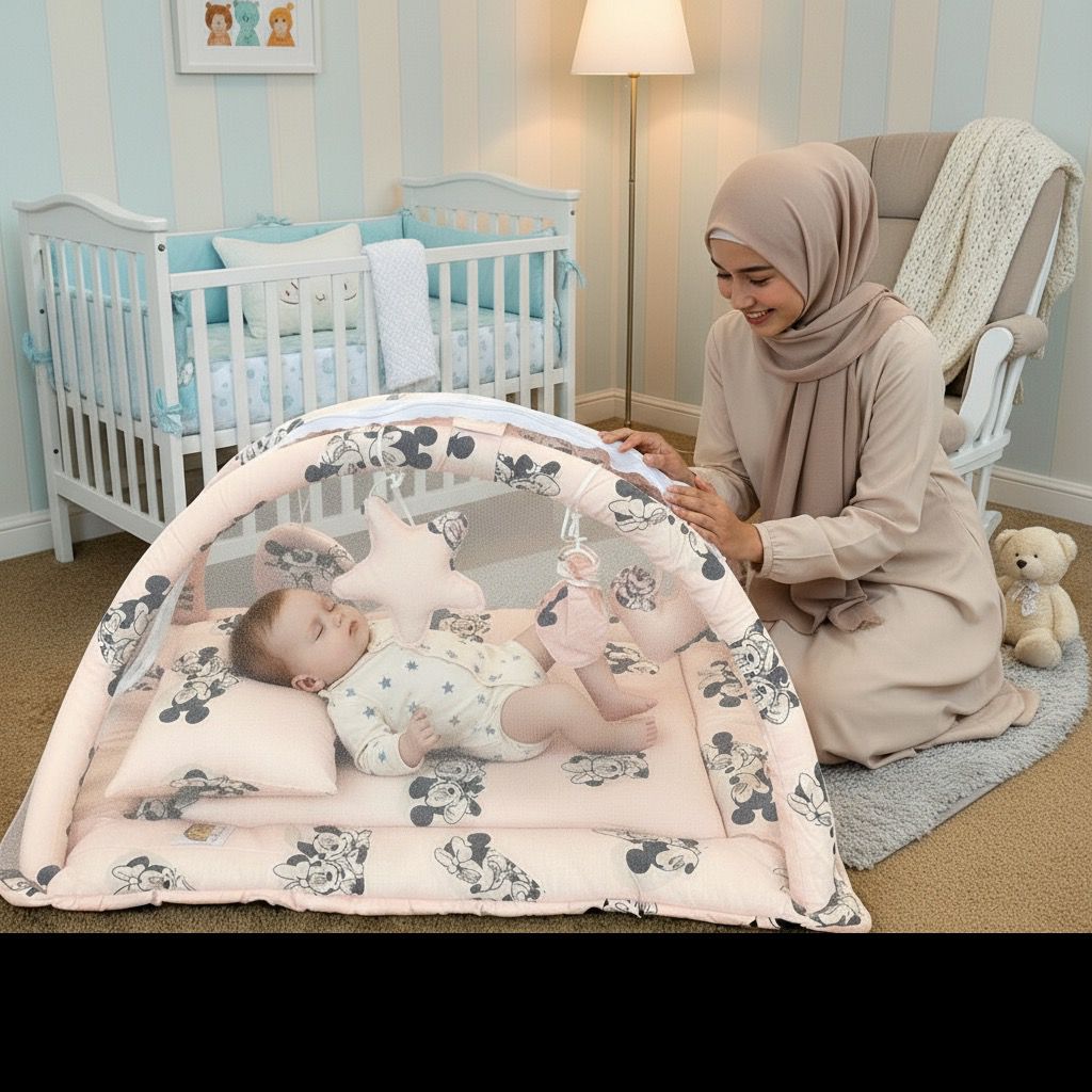 Baby Snuggle Mosquito Net with Pillow & Toy Hangings- Micky Mouse