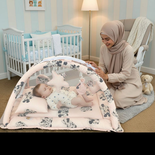 Baby Snuggle Mosquito Net with Pillow & Toy Hangings- Micky Mouse