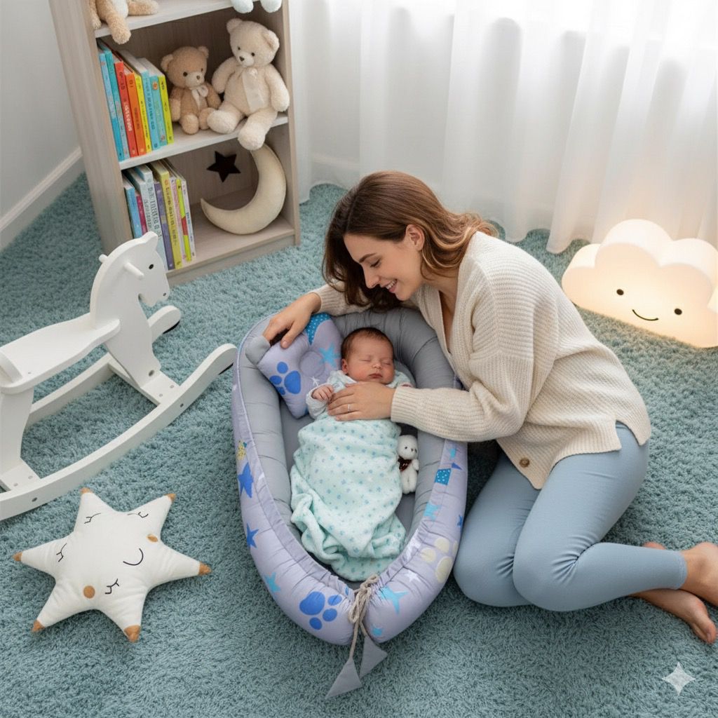 Printed Baby Nest with Head Pillow-Moon & Star