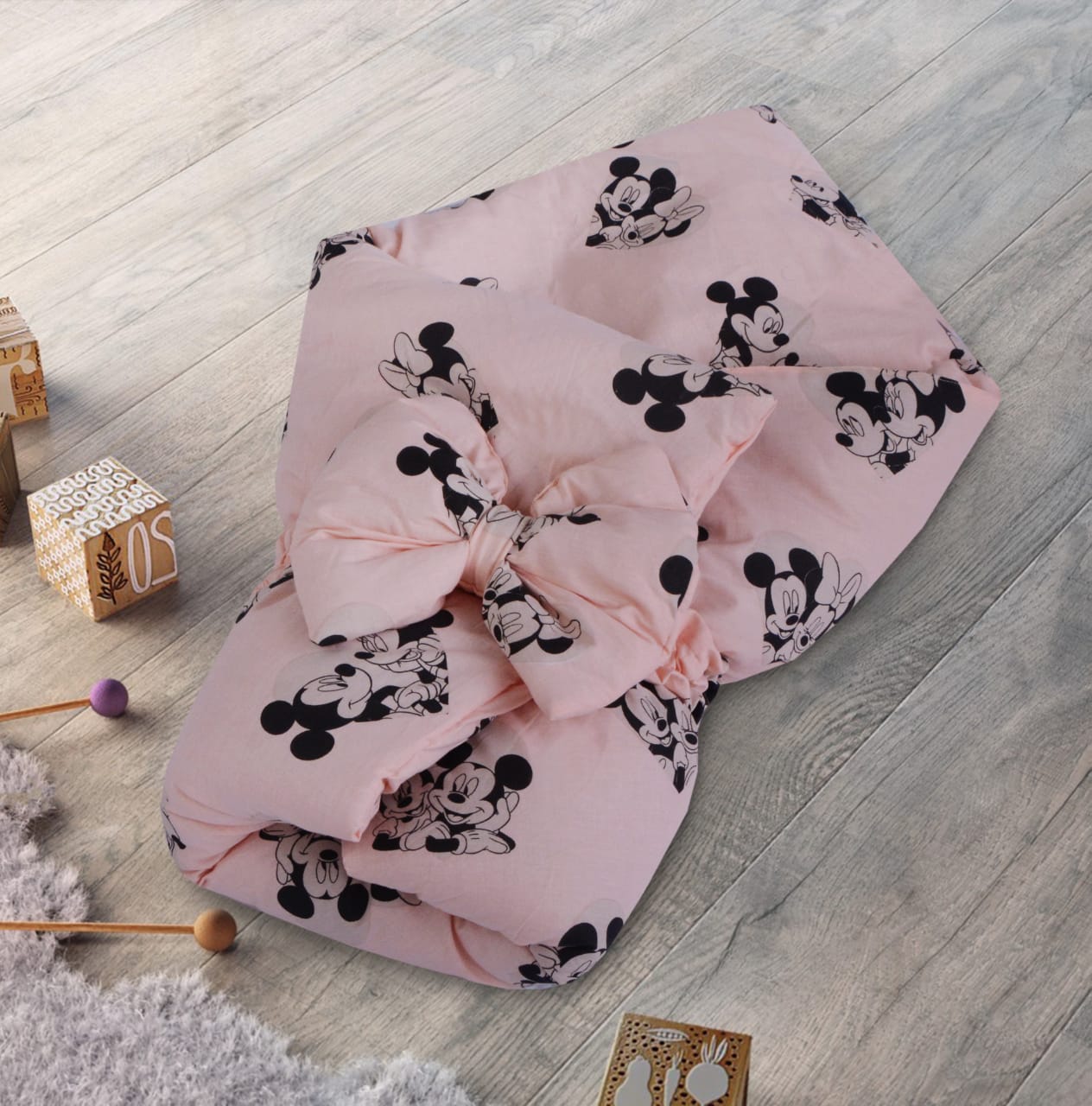 Micky Mouse Printed Baby Bed Set-7 Pcs- Peach