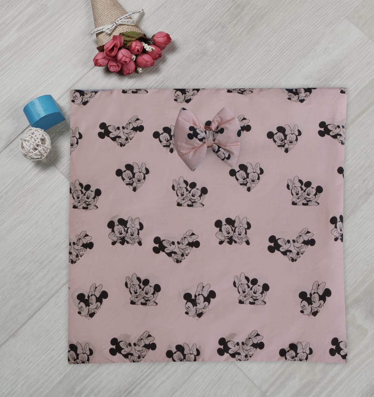 Micky Mouse Printed Baby Bed Set-7 Pcs- Peach