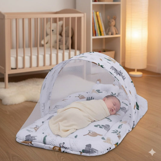 Printed Cotton Baby Mosquito Net with Pillow-White Forest