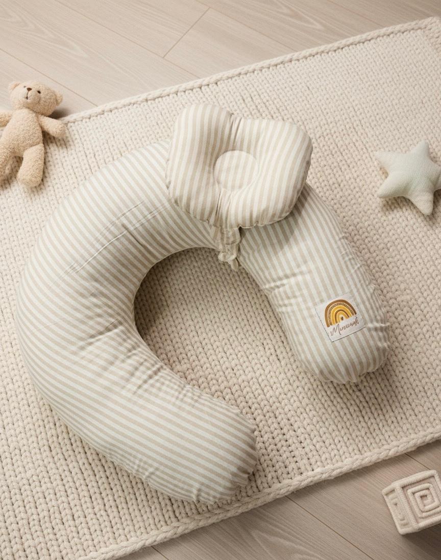 Printed Cotton Baby Nursing Pillow with Removable Cover & Head Pillow-Beige Stripes