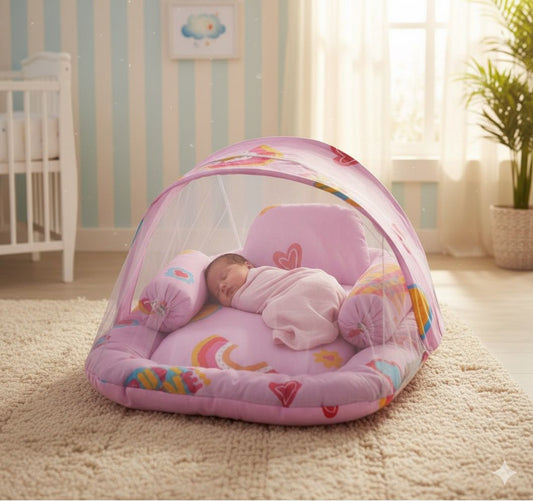 Printed Cotton Baby Mosquito Net with Pillows-Pink