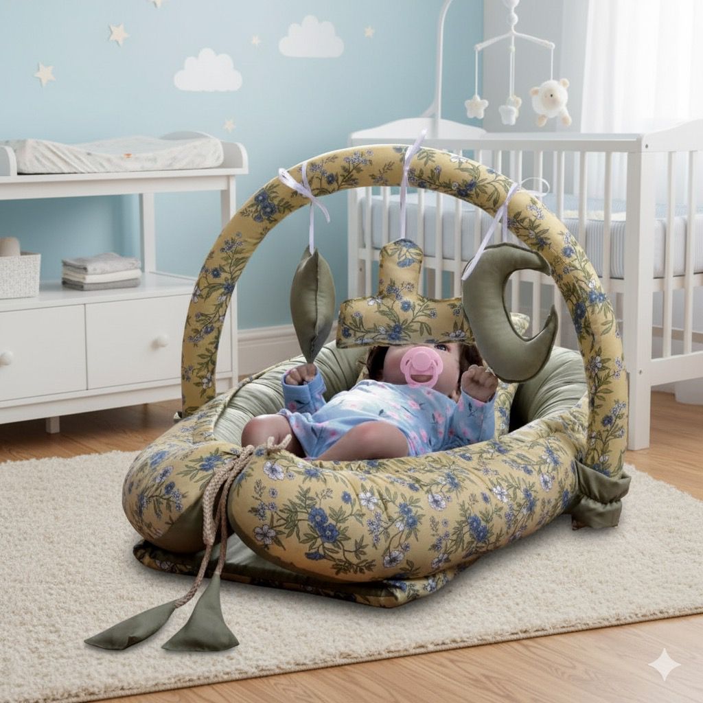 Printed Baby Nest with Hanging Rod- Green Flowers