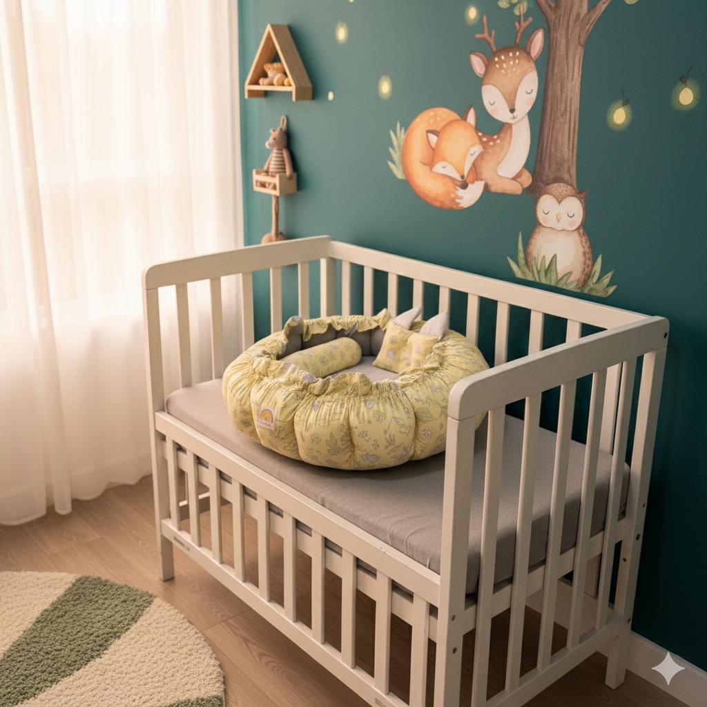 Printed Cotton Baby Round Cot with Pillows- Light Gray