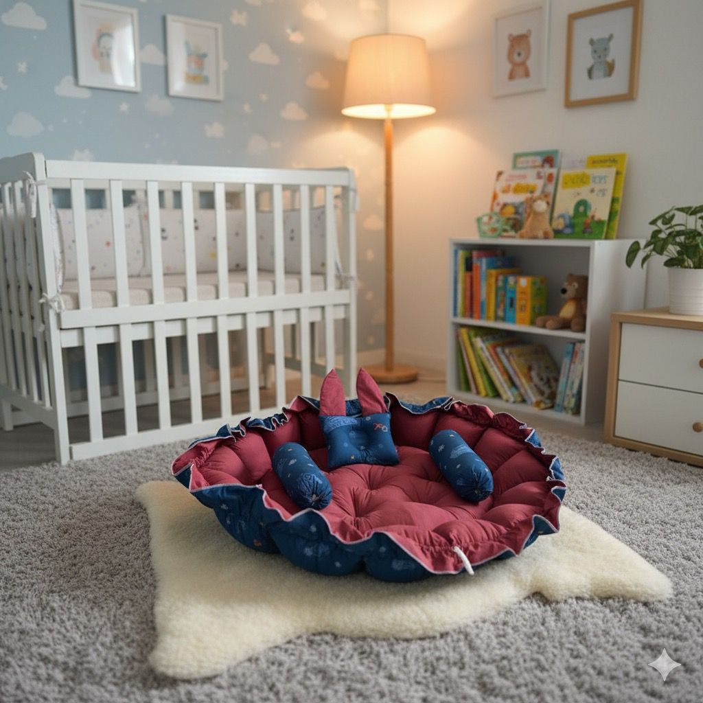 Printed Cotton Baby Round Cot with Pillows-Snowy Express