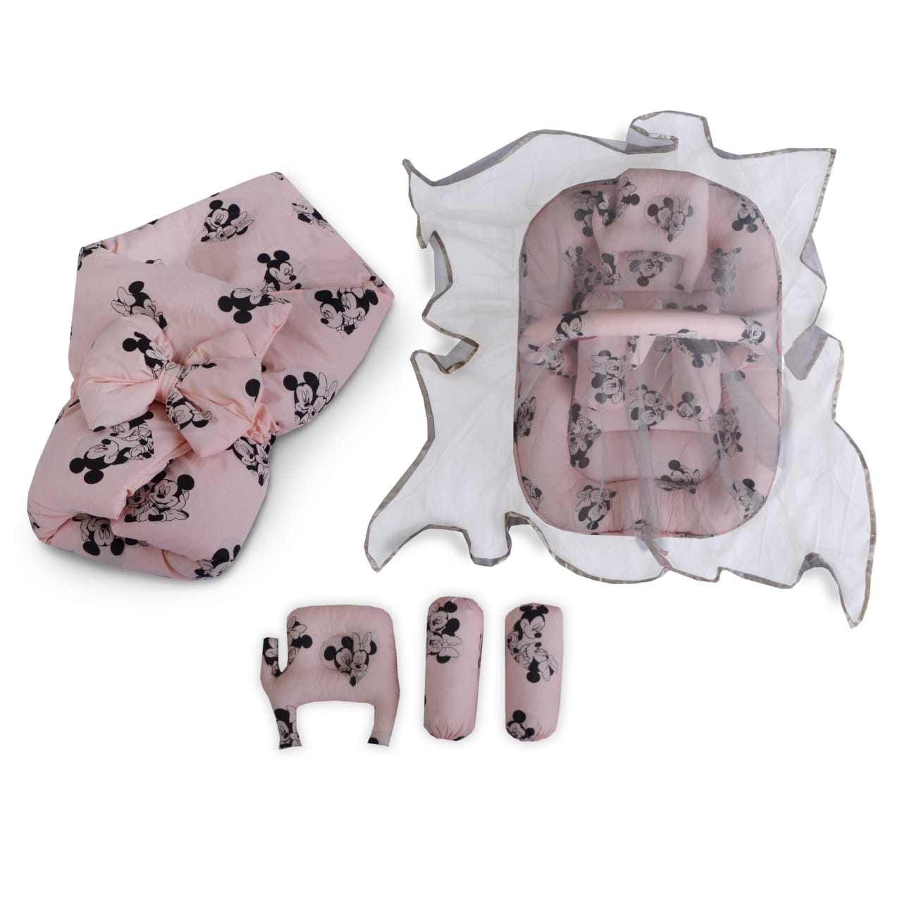 Micky Mouse Printed Baby Bed Set-7 Pcs- Peach