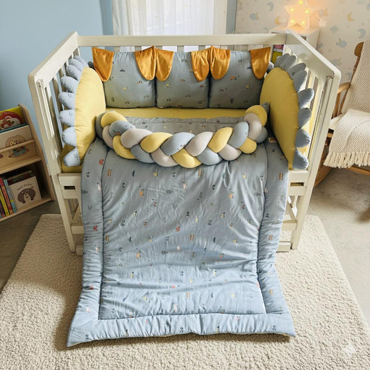 Printed Cotton Baby Cot Set-8 Pcs- Gray Transport