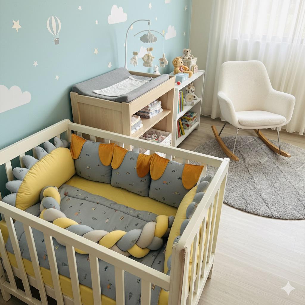 Printed Cotton Baby Cot Set-8 Pcs- Gray Transport