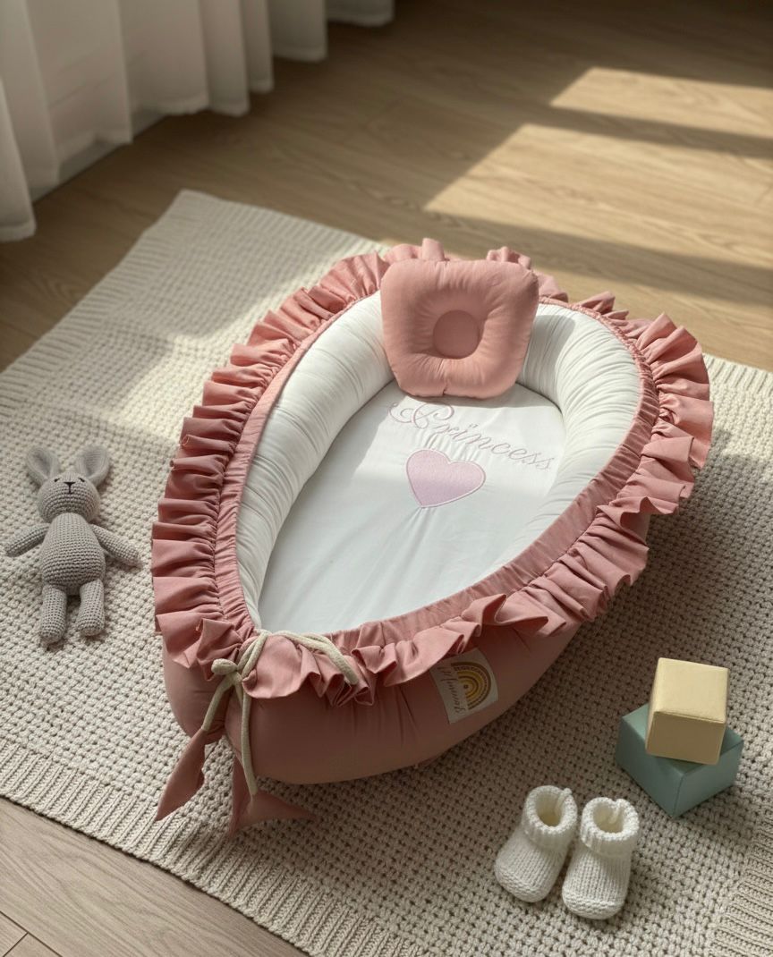 Frilly Cotton Baby Nest with Head Pillow- Pink Princess
