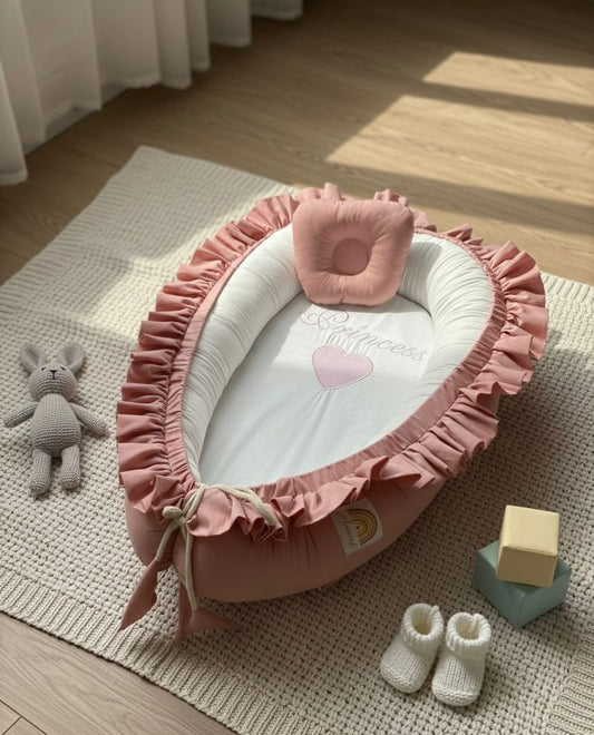 Frilly Cotton Baby Nest with Head Pillow- Pink Princess