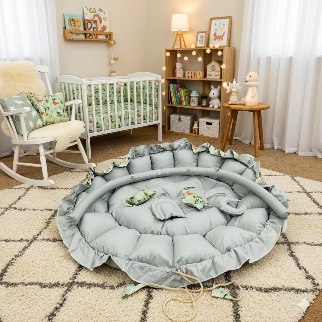 Printed Cotton Baby Round Cot with Pillows-Little Trees