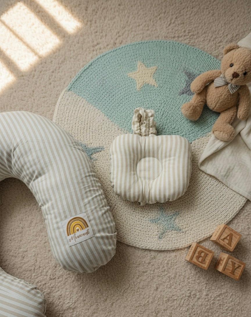 Printed Cotton Baby Nursing Pillow with Removable Cover & Head Pillow-Beige Stripes