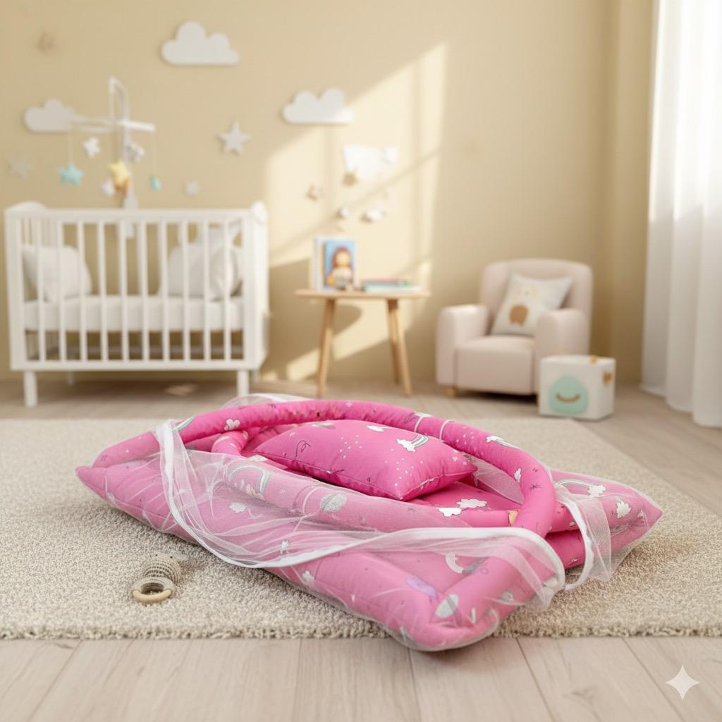 Baby Snuggle Mosquito Net with Pillow & Toy Hangings-Pink Rainbow