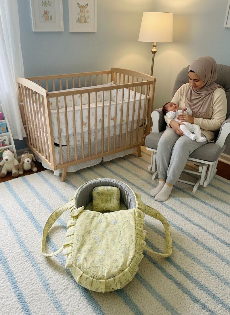 Printed Cotton Baby  Basket with Head Pillow-Gray