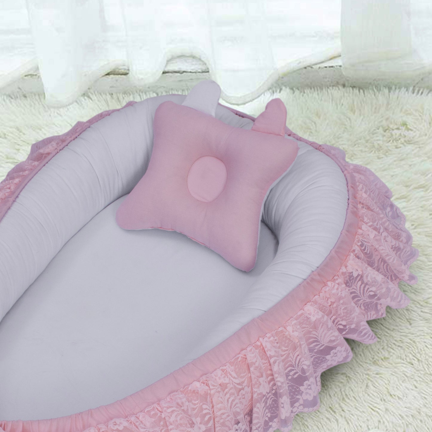 Frilly Lacy Baby Nest with Pillow-Pink & White