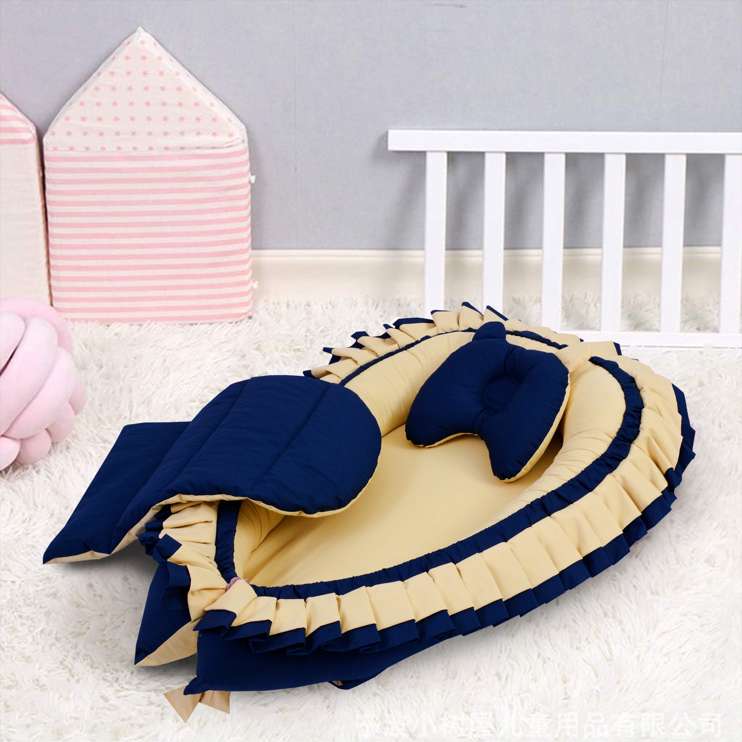 Double Frilly Cotton baby Nest with Pillow-Yellow & Navy Blue