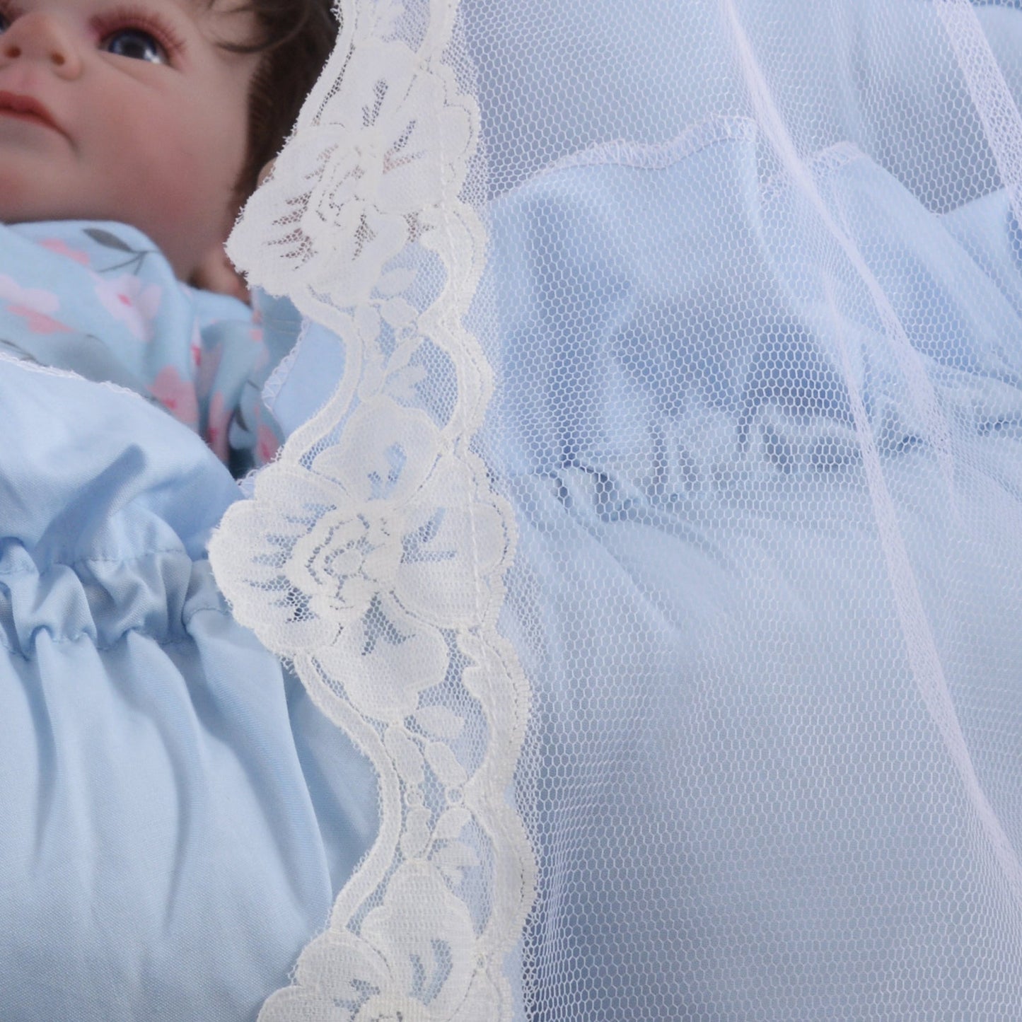 Luxury Baby Round Cot with Pillows and Net-Sky Blue & white