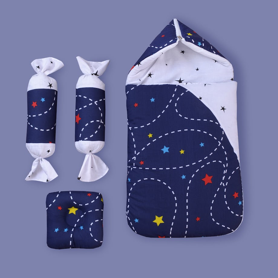 Cotton Printed Baby Carry Nest with Pillows-Blue