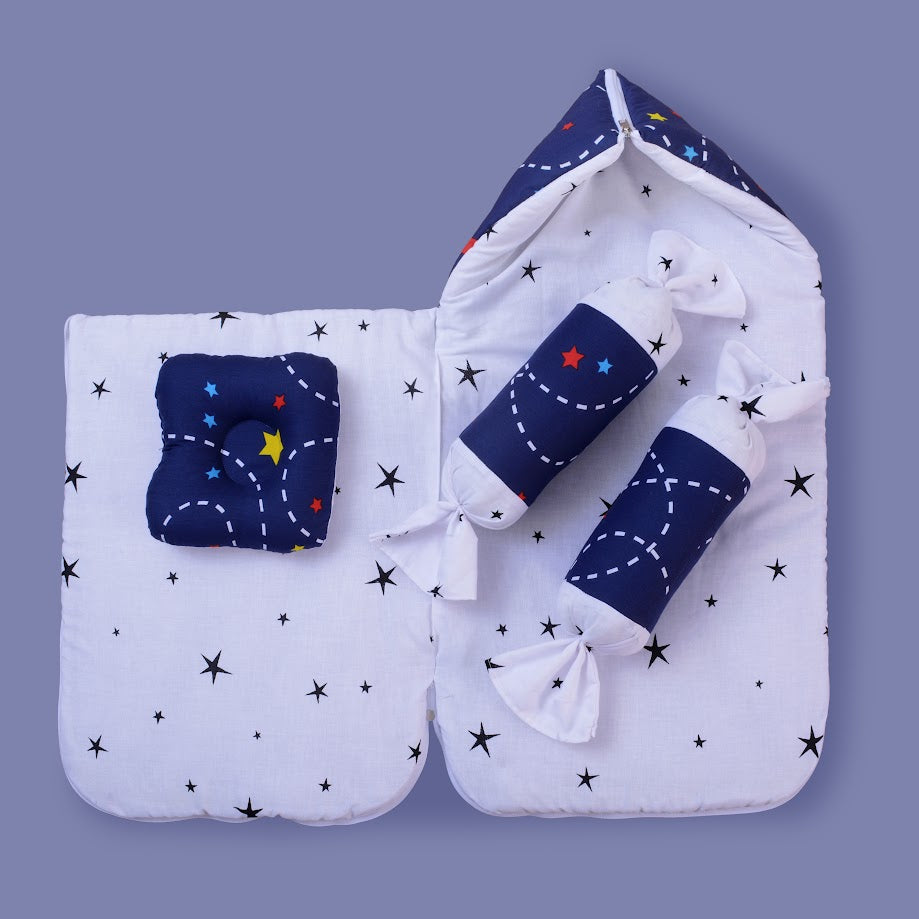 Cotton Printed Baby Carry Nest with Pillows-Blue