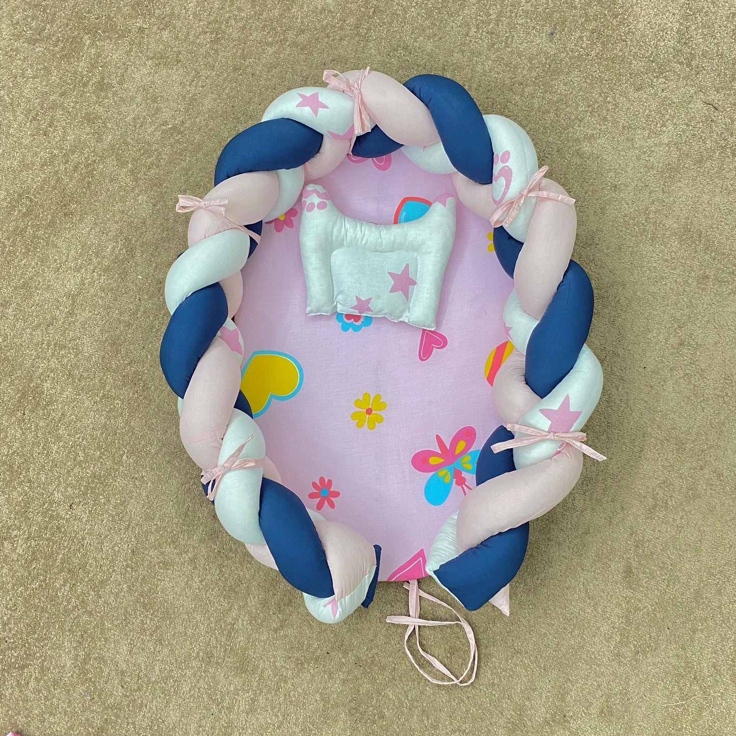 Straw Braid baby Nest with Pillow-Pink