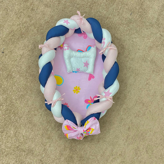 Straw Braid baby Nest with Pillow-Pink