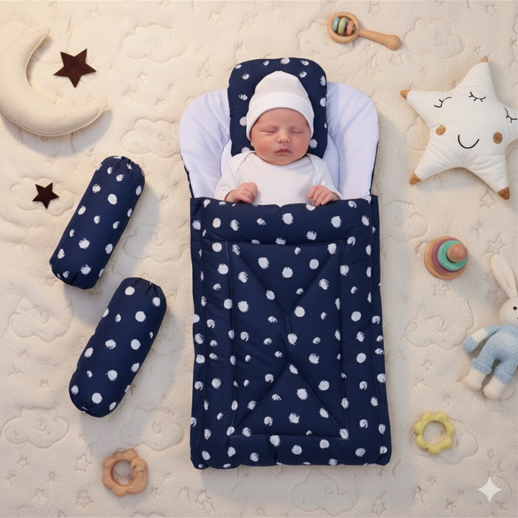 Cotton Printed Baby Carry Nest with Pillows-Blue & White