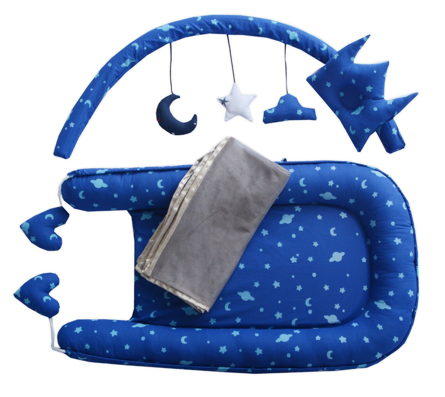 Printed Baby snuggle Bed with Crown Pillow and Mosquito Net-Blue