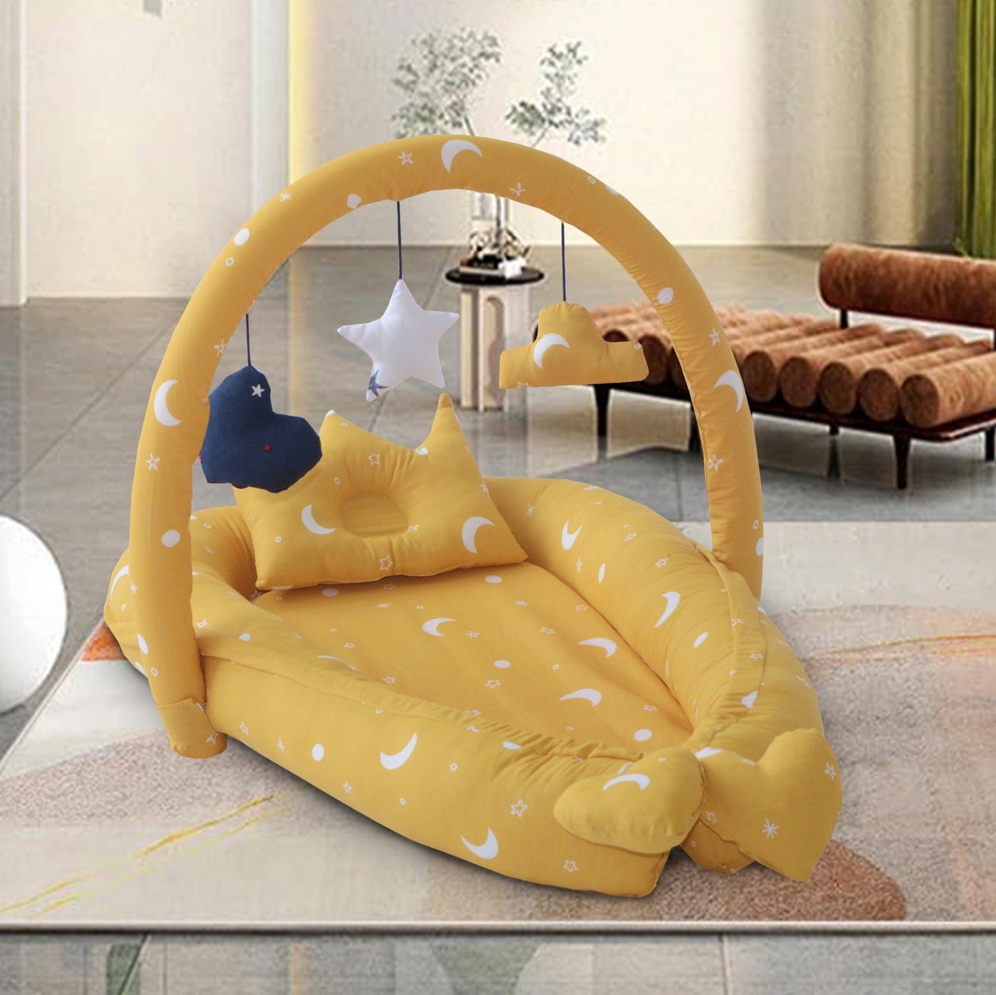 Printed Baby snuggle Bed with Crown Pillow and Mosquito Net- Yellow