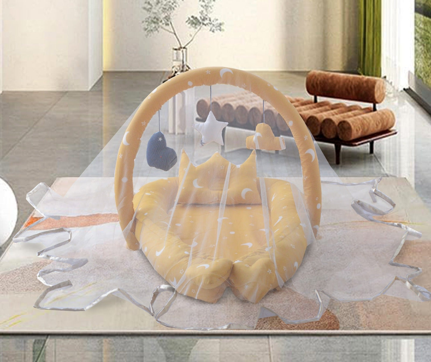 Printed Baby snuggle Bed with Crown Pillow and Mosquito Net- Yellow