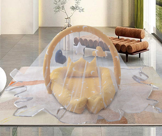 Printed Baby snuggle Bed with Crown Pillow and Mosquito Net- Yellow