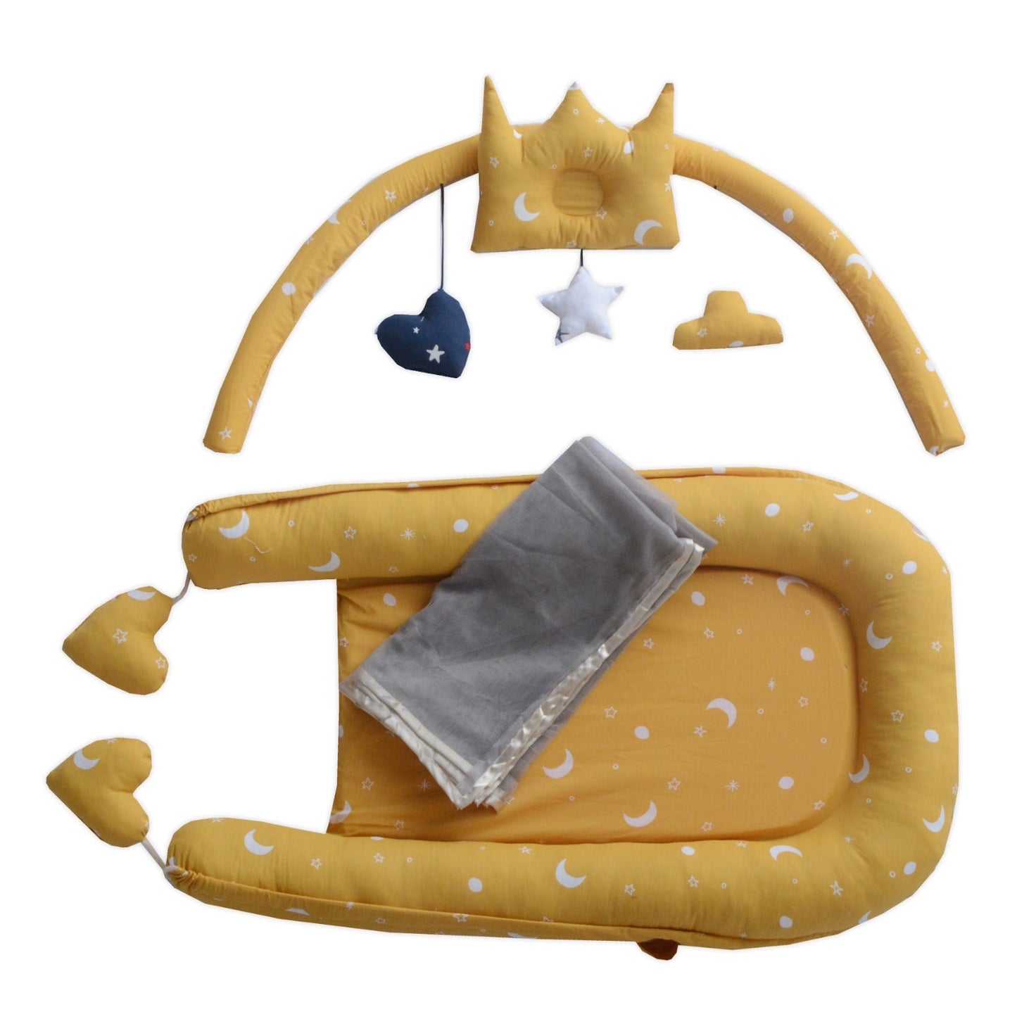 Printed Baby snuggle Bed with Crown Pillow and Mosquito Net- Yellow