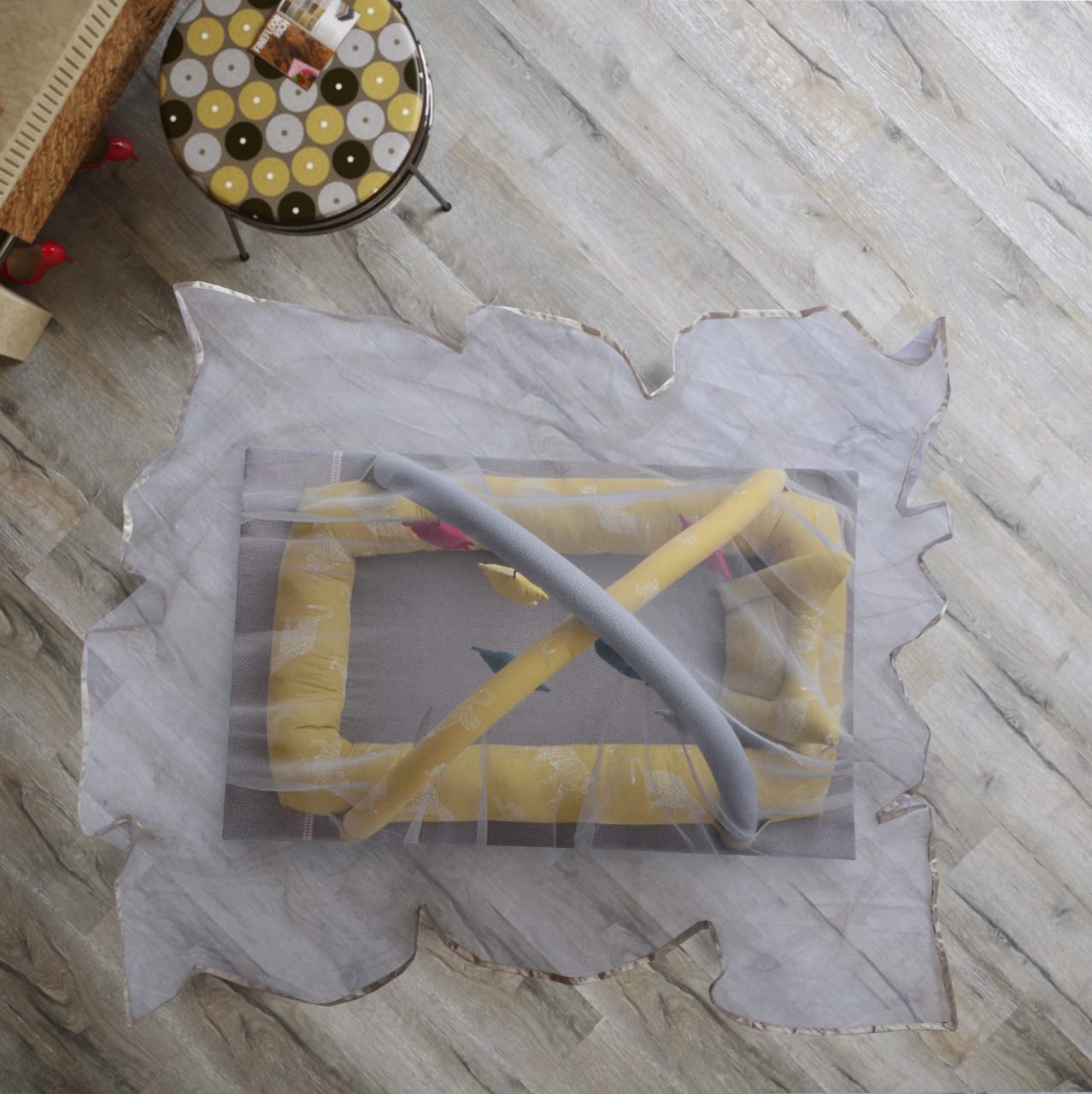 Printed Rectangular Baby snuggle Bed with pillow crib and Mosquito Net-Gray & Yellow