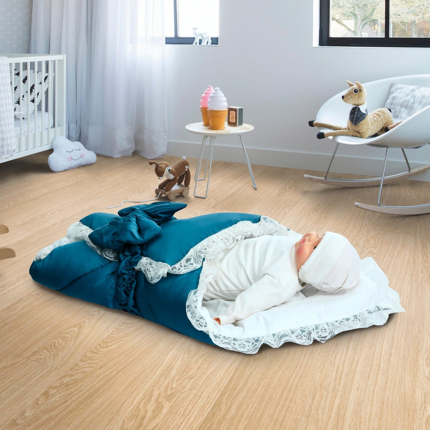 Cotton Satin Baby Nest with Foldable Sleeping Bag- Teal