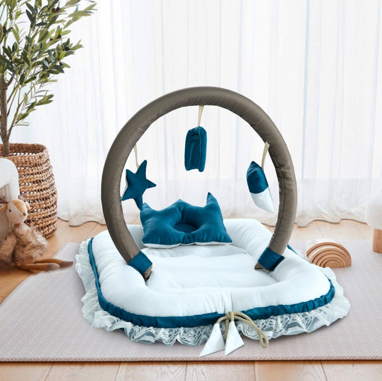 Cotton Satin Baby Nest with Foldable Sleeping Bag- Teal