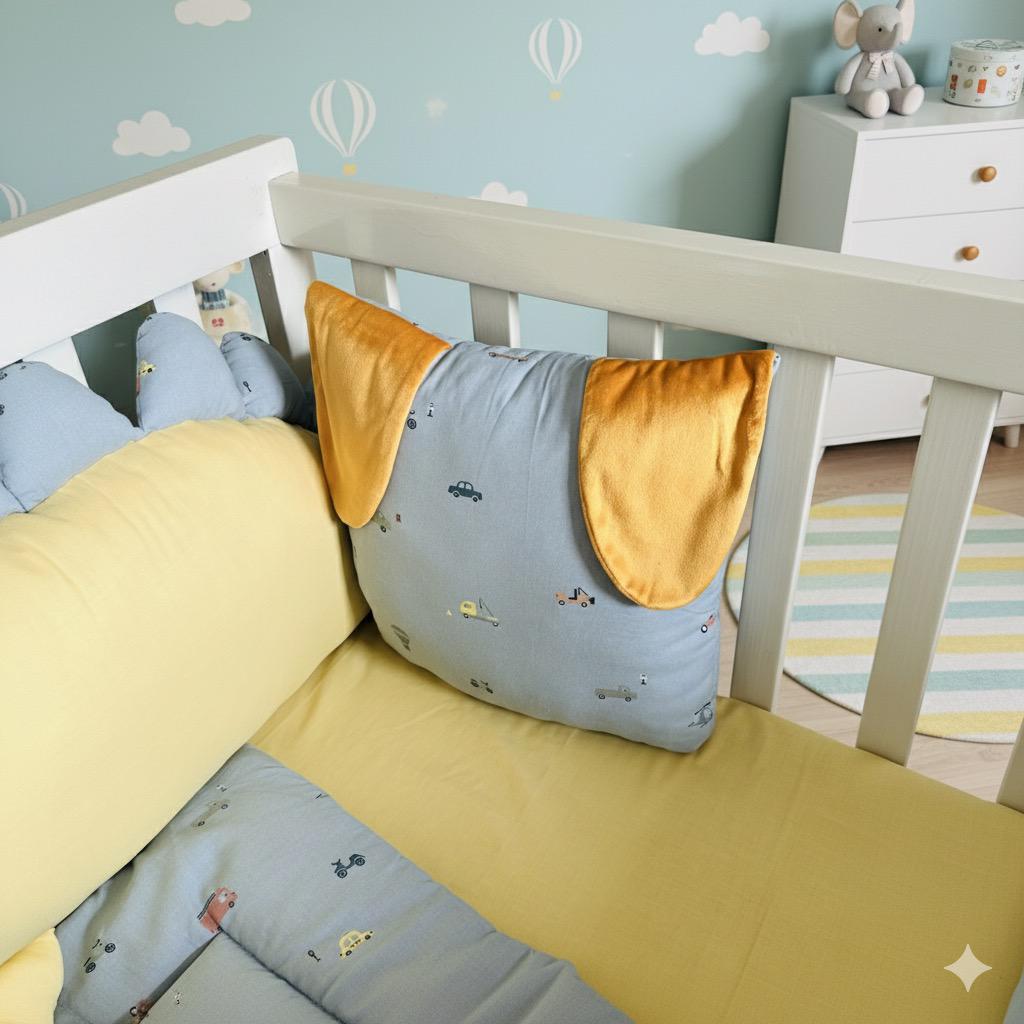 Printed Cotton Baby Cot Set-8 Pcs- Gray Transport