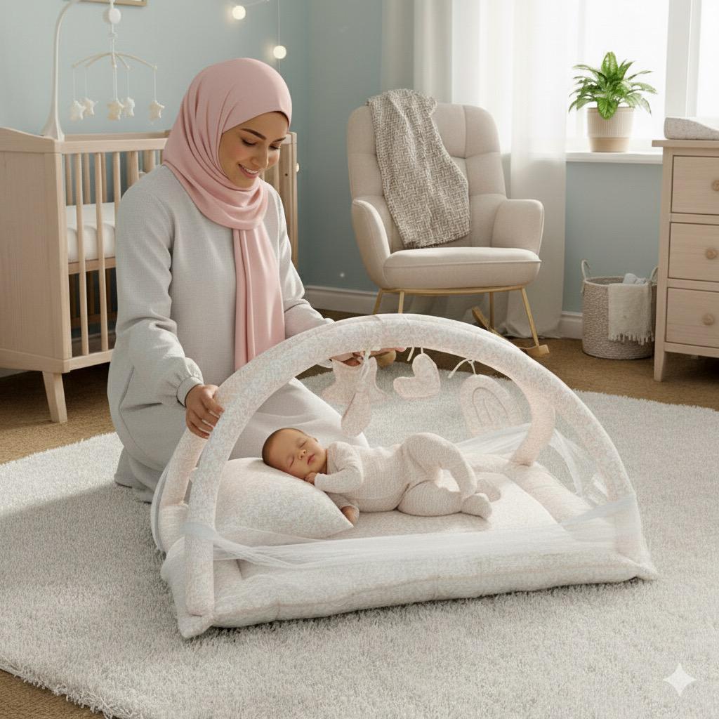 Baby Snuggle Mosquito Net with Pillow & Toy Hangings-Pink Floral