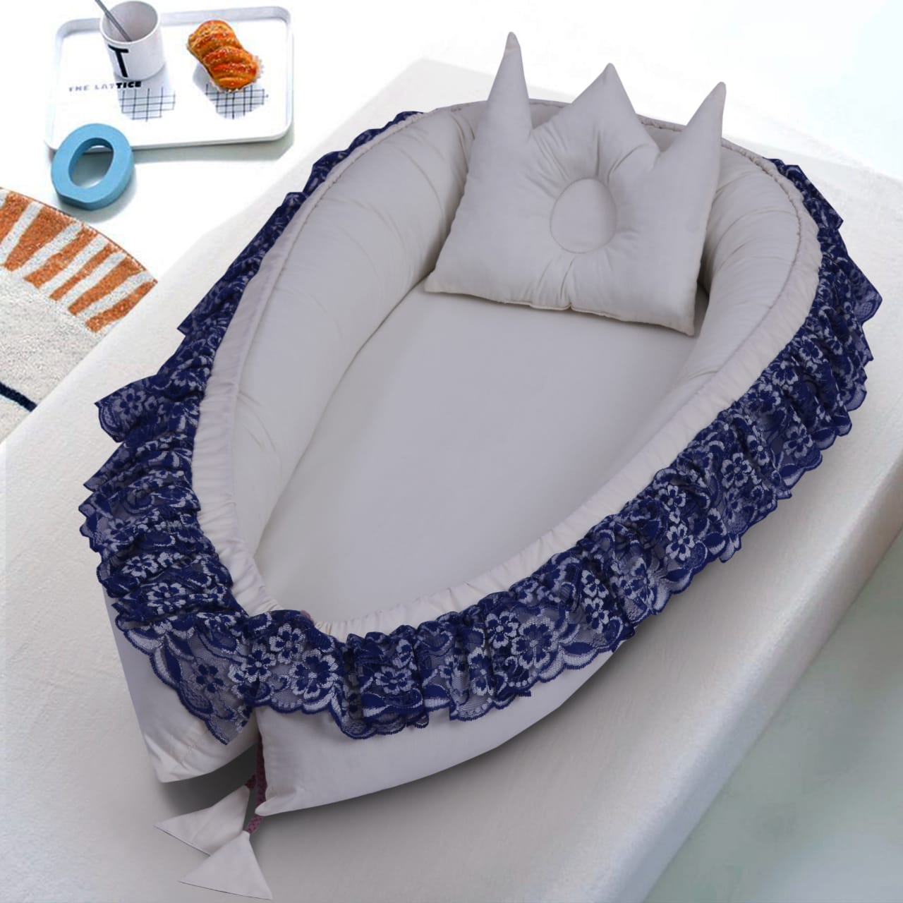 Lacy Cotton Baby Nest with Pillow- Off White