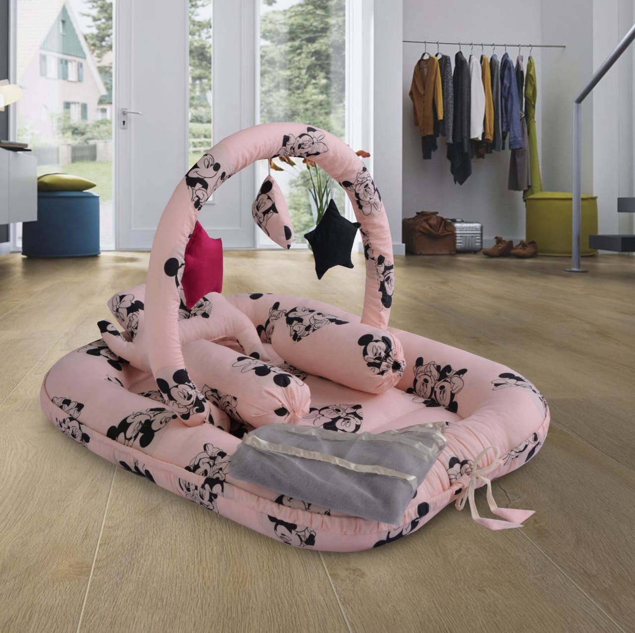 Micky Mouse Printed Baby Bed Set-7 Pcs- Peach