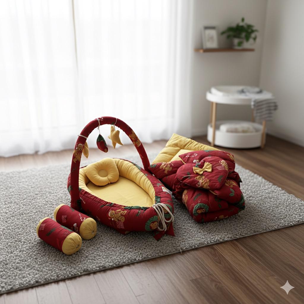 Printed Cotton Baby Snuggle Bed Set- Red Oriented